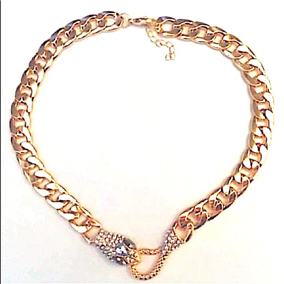 Gold Snake Serpent Cuban Chain Link Zircon Choker Necklace - Picture 10 of 11